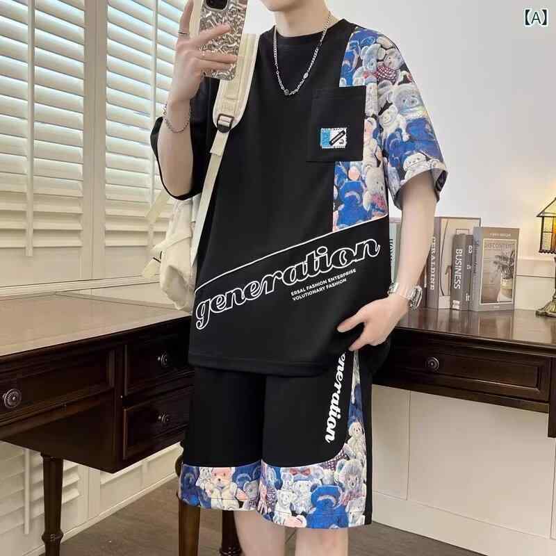 メンズ セットアップ 短袖 Tシャツ 短パン セット 夏用 デザイン性 高い 中国風 休日 スポーツ スタイル 化繊 混紡 ストレッチ 素材 黒 白 薄手 軽量 動きやすい 青春 ポップ 18-24歳 向け カジュアル コーディネート