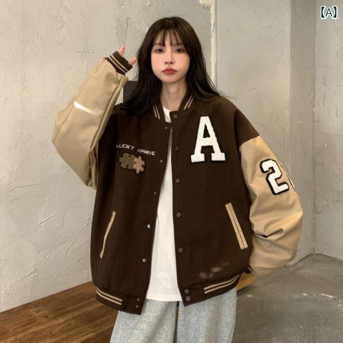 Rakuten - レディース 外套 棒球服 情侣 ヴィンテージ風 長袖 加長款 超薄 山羊皮 字母 都市風 気質 通勤 咖色 黒茶色 皮袖 内里 厚手 タイプ オールシーズン 女性用 カジュアル 軽量 スタイリッシュ トップス ジャケット コート 秋冬 ウィンター ファッ