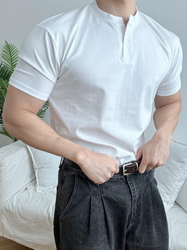 樂天商城 - メンズ POLOシャツ 短袖 黒 白 緑 修身 綿混紡 透気 抑菌 色牢度高 日常 夏 フィットネス 筋肉 硬漢 スタイル 筋トレ 潮 男性用 トップス 丸首 スリムフィット 純色 青年向け セットアップなし