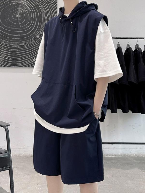 メンズ スポーツ セットアップ フード付き 短袖 Tシャツ 短パン 組み合わせ かっこいい 夏 日常使い 化繊混紡 ポリエステル 100% ベーシック アクティブ 軽快 動きやすい かき 深灰 宝藍