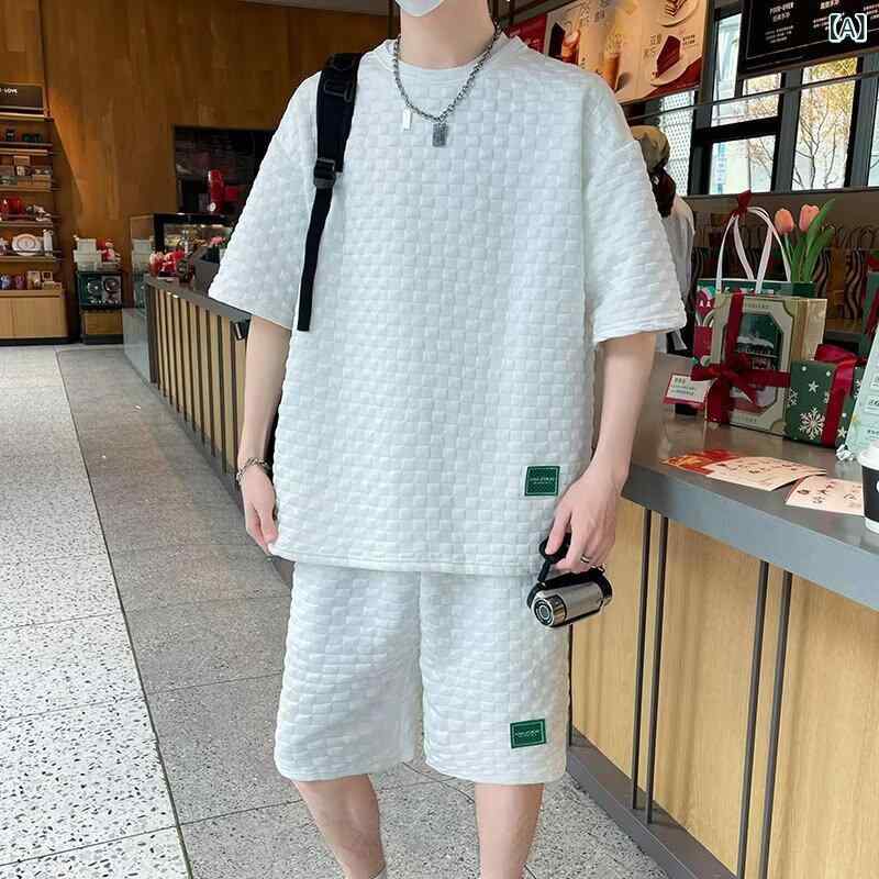 メンズ セットアップ 短袖 Tシャツ 短パン スポーツ 夏服 涼しい ポリエステル 混紡 素材 白色 黒 杏色 丸首 ラウンドネック ゆったり 大きめサイズ かっこいい スタイリッシュ コーディネート 休闲 カジュアル 日常使い 休日 アクティブ 快適