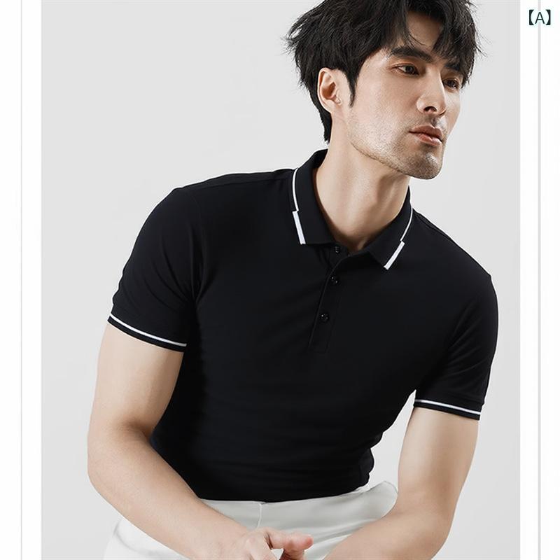 Short Sleeves - ポロシャツ メンズ 短袖 翻領 透気 吸湿排汗 コットン混紡 合体型 印字 会社文化 屋外活動 通勤 黒 白 グレー 夏 カジュアル