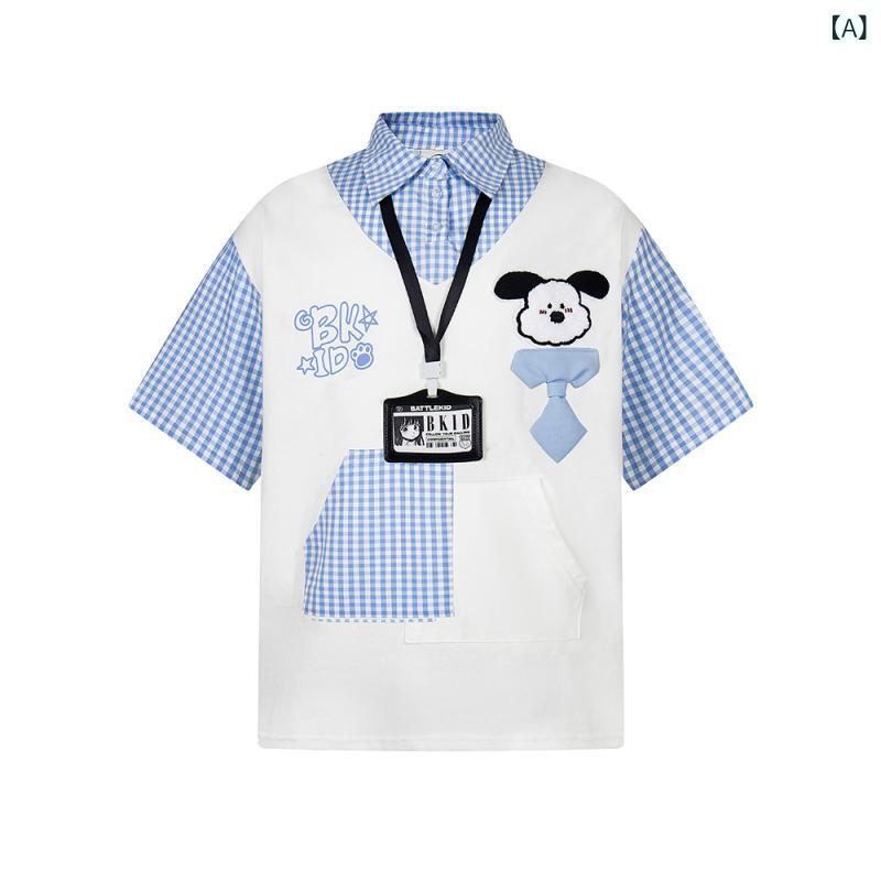 樂天商城 - Tシャツ メンズ レディース 短袖 偽ツーピース 翻領 刺繍 立体 公仔 柄 綿 素材 透気 抗菌 吸湿排汗 格子柄 動物プリント ルーズフィット 日常 カジュアル 夏 ブルー ピンク ブラック 青年向け