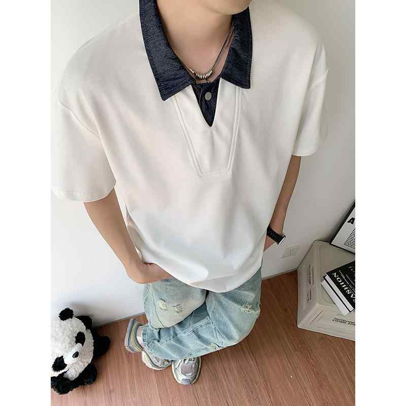 樂天商城 - メンズ Tシャツ 牛仔領 ポロ 短袖 トップス 偽ツーピース 翻領 落肩袖 ゆったりシルエット 透気性 日常使い 白色 灰色 夏 純棉 再生繊維 51-70% ミルクプロテイン 幅広 ゆったり 青春スタイル 流行 男用 成人 短袖 無帽 厚手 400g以