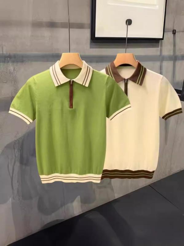 Long-Sleeve （Shape Holding） - ポロシャツ メンズ 短袖 半拉链 純色 接触冷感 再生繊維 ニット トップス カジュアル Tシャツ 日常着 透気性 耐摩耗 吸湿速乾 合体型 翻领 夏季 杏 緑 青少年 青春流行 180g-250g