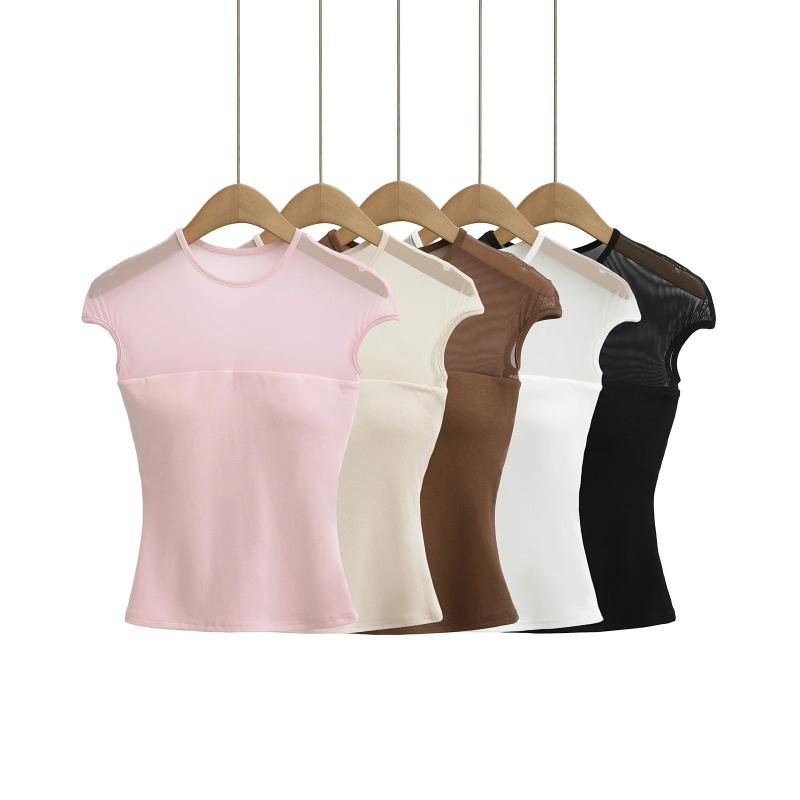 乐天商城 - Tシャツ トップス 女性用 修身 スリムフィット デザイナー風 切り替え 網纱 透け感 短袖 綿混 ピックアップ柄 セットインスリーブ 丸首 春季 黒 白 ピンク 杏 ブラウン セクシー 私服 御姐風 辣妹スタイル 軽量 通気性 コットン 95% 以上