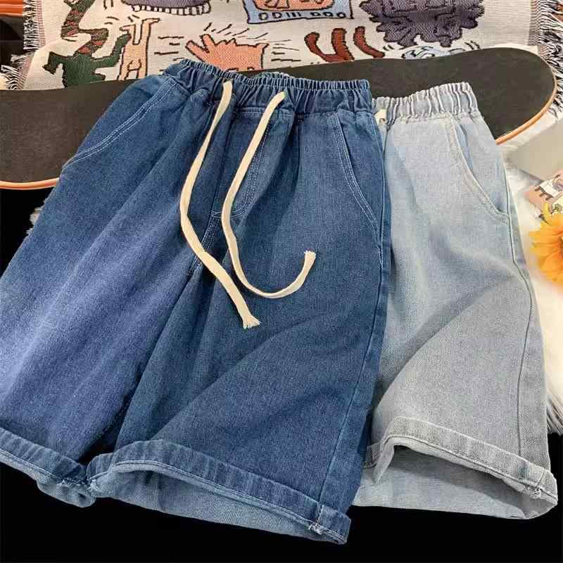 Pants - メンズ デニム ショーツ 夏用 薄手 ゆったり フィブパンツ アメリカン カジュアル ウォッシュ ドローストリング ミッドライズ ストレート ミッドレングス 黒 ライトブルー ダークブルー ダークグレー ポリエステル ノーストレッチ 青年向け