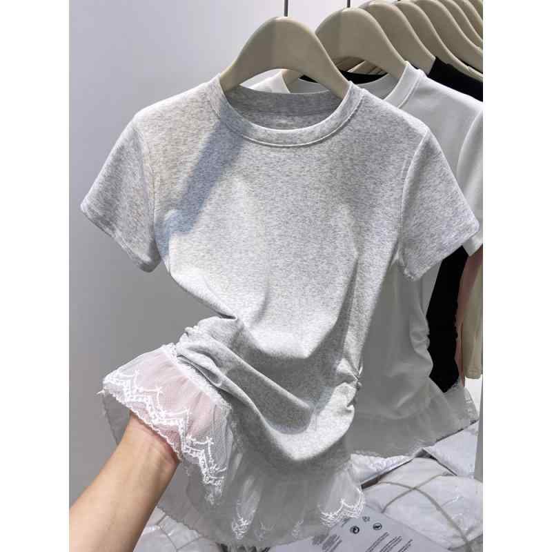 Three-Quarter Knit - Tシャツ 女性用 短袖 修身 切り替え レース スカート風 裾 綿 スパンデックス 混紡 針織 セットアップ トップス 気質 通勤 スタイル 純色 シンプル カジュアル 褶 白色 黒 灰 2025 夏