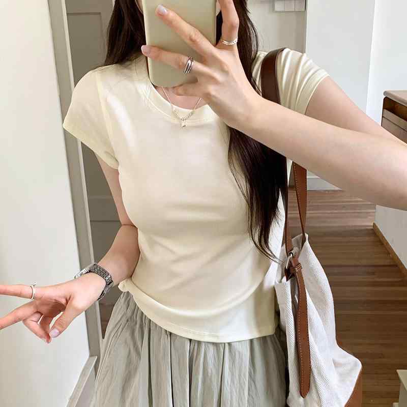 Tシャツ レディース 短袖 女性用 レイヨン スパンデックス 混紡 柔らか 肌触り 良い 正肩 修身 シルエット 短丈 丸首 セットアップ なし 単品 無地 無地柄 シンプル 風 日常 使い 日韓 スタイル 快適 休闲 杏 黒 夏 春夏 2024 季節