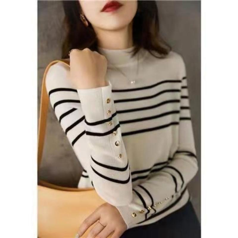 Long-Sleeved Knit - ニット トップス レディース 半高領 条紋 長袖 修身 春秋 白色 黒 私服 名媛風 高品質 不起球 セットアップ 単品 軽量 柔らかい 伸縮性 日常使い 通勤 デイリー 秋冬