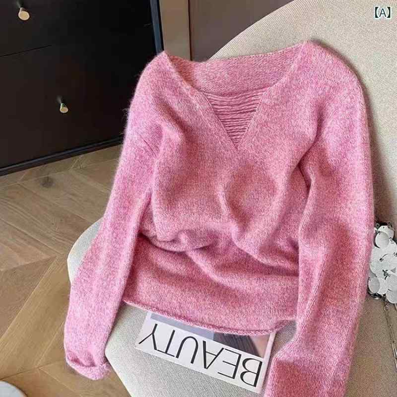 Three-Quarter Knit - ニット セーター レディース Vネック ゆったり ルーズフィット セットイン 長袖 ドルマンスリーブ 秋冬 気質 通勤 都市 スタイル 毛混紡 ピンク かわいい 甘め 百搭 ソフト 甘美 減齢 洋気 慵懒 風