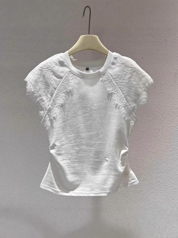 樂天商城 - Tシャツ 女性用 短袖 夏 白色 黒 薄手 接触冷感 レース 丸首 セットアップ風 通勤 気質 優雅 ポリエステル ポリエステル繊維 無鉄 普通丈 50-65cm 普通袖 セットインスリーブ ソリッドカラー プルオーバー スタイル 日常使い 軽量 涼しい