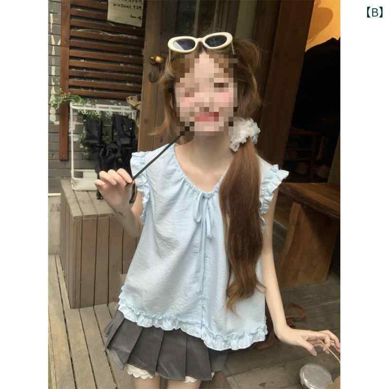 シャツ レディース Vネック 無袖 白色 黄色 青 夏 春夏 デザイン フリル 紐 ワイド ルーズ トップス シングルブレスト ボタン 接触冷感 綿 伸縮 切り替え 私服 軽量 涼しい 通勤 普段使い remake-buddy-10504611 リメイクバディー サンプル画像3