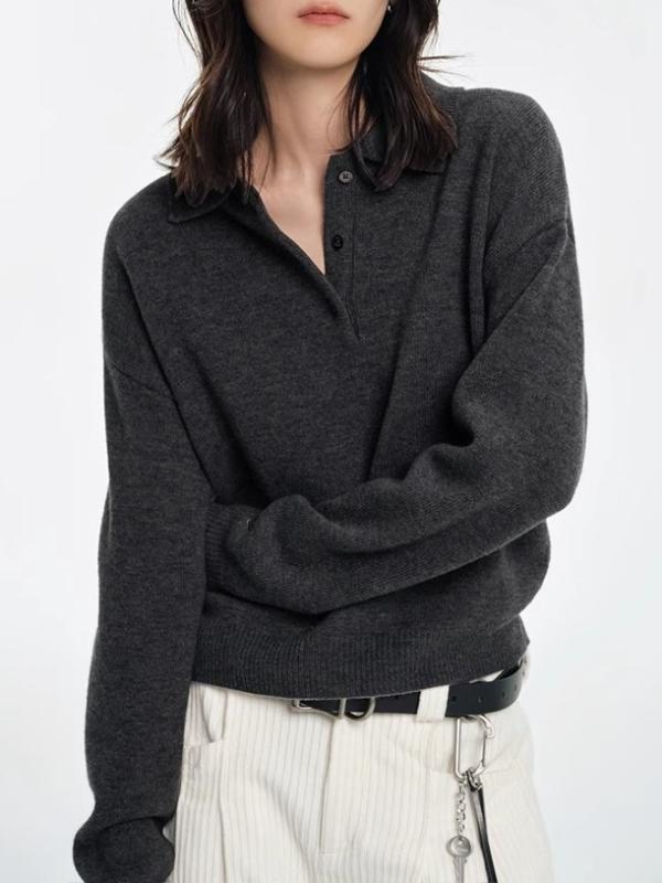 Long-Sleeved Knit - レディース ニット セーター ポロ 襟 長袖 切り替え デザイン 立体 模様 セット 着用 通勤 スタイル 気質 風 秋季 深炭灰 燕麦米 安可拉紅 腈纶 ポリエステル 繊維 混紡 中厚 幅広 シルエット 普通 丈 純色 単品 セット ヘッド スタイル