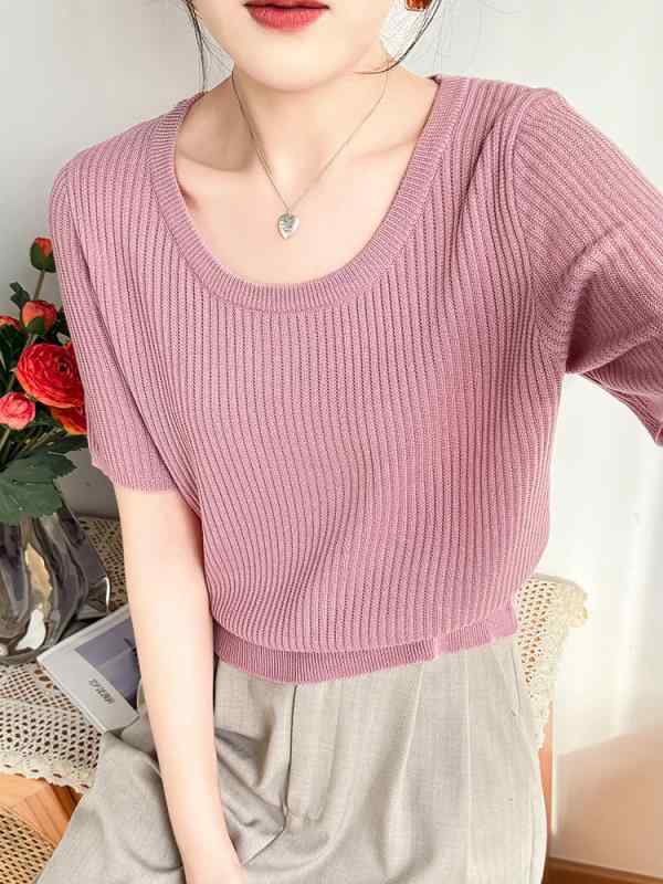 Long-Sleeved Knit - Tシャツ レディース 短袖 針織 夏 薄手 シンプル 純色 ピンク 緑 米 黒 気質 通勤 快適 休闲 再生繊維 アイスマテリアル 接触冷感 吸湿速乾 短丈 ルーズフィット 丸首 小柄対応