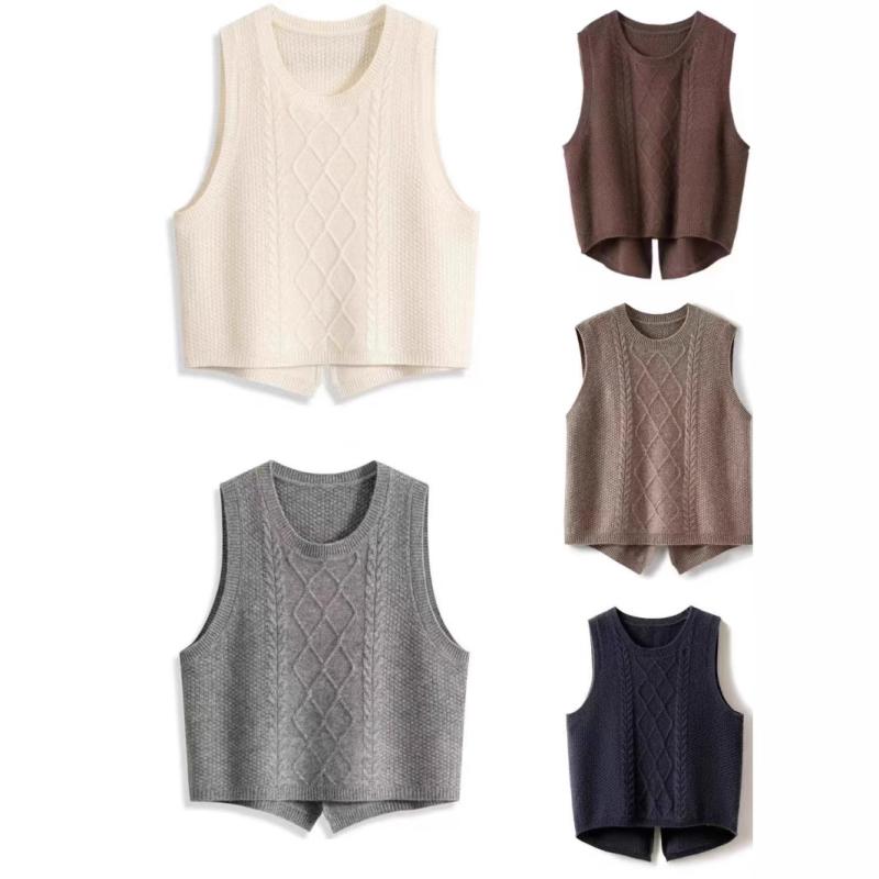 Long-Sleeved Knit - ニット ベスト レディース 麻花編み 無袖 毛衣 バックレス ワイドシルエット カジュアル セーター 春夏 秋冬 丸首 ポリエステル 混 アクリアン 混 羊毛混 グレー ブラウン ホワイト ブラック 快適 日常使い レイヤリング トップス
