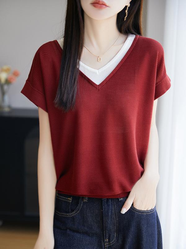 樂天商城 - ニット トップス レディース 春夏 Vネック 短袖 切り替え ワイドシルエット 偽ツーピース レイヨン 柔らかい 薄手 通勤 普段使い ワインレッド 黒 ストライプ