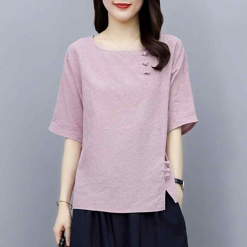 Tシャツ レディース 短袖 春夏 ピンク 中国紅 綿素材 切り替え ボタン 丸首 ゆったり 韓国風 大きめ かわいい 日常使い 軽量 吸湿速乾 通勤 休日 復古 快適 リラックス トップス ブラウス シャツ インナー ユニセックス