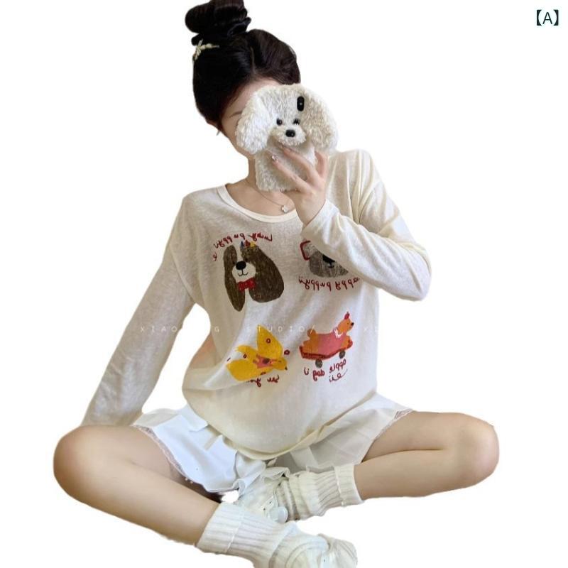 Tシャツ レディース 長袖 Vネック ワイドシルエット 慵懒風 防晒 薄手 トップス セットアップ 雪花綿 ポリエステル 95% プリント 犬柄 杏 秋季 日韓 ストリート ファッション カジュアル かわいい 清新 日常使い 軽量 伸縮性 部屋着 アウト