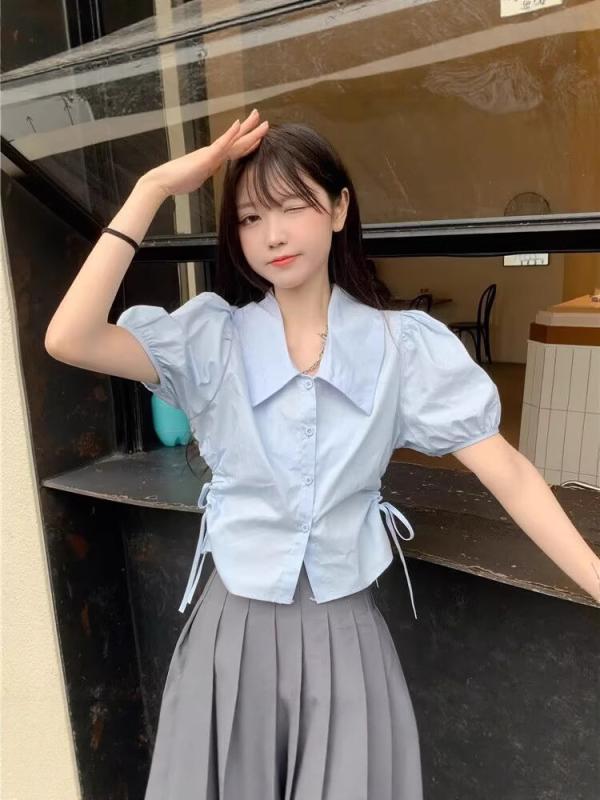 Other - レディース シャツ 短袖 トップス 短款 修身 方領 泡泡袖 系带 デザイン プレーツ加工 化繊 ポリエステル 固色 基本款 清新 甘美 スタイル 単排ボタン 軽やか 涼しい 夏 浅青 白色