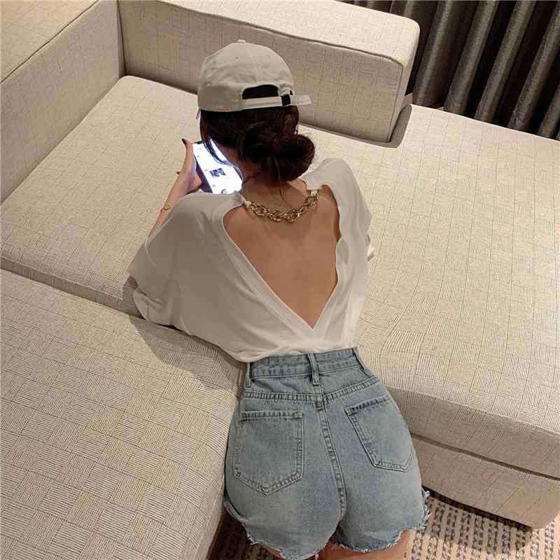 Tシャツ レディース 短袖 トップス セクシー 背中開き ロング丈 ゆったり チェーン デザイン 切り替え 丸首 ルーズフィット レースアップ 気質 通勤 スタイル ソフト 素材 ポリエステル 黒 白 ピンク 青春 パターン セットアップ風 単品 ブラッ