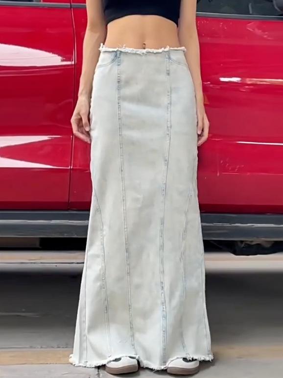 乐天商城 - スカート レディース 半身 包臀 長丈 牛仔布 コットン 洗い加工 ヴィンテージ風 スリット 修身 スリム 気質 通勤 スタイル 軽量 微弾力 浅ブルー 春 かわいい 普段使い オフィス 女性用 大きいサイズ