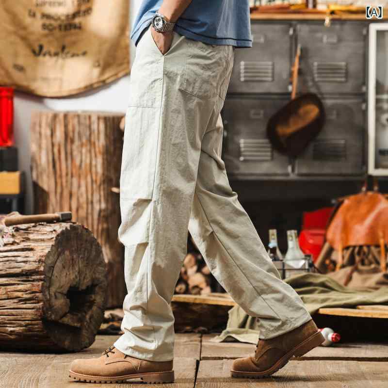 樂天商城 - メンズ 工装パンツ 薄手 杏 卡其 黒 深灰 直筒 長ズボン 中腰 ジッパー開き 無弾性 ナイロン 耐摩耗 免烫 ピンチプレーツ 秋 秋季 青少年 スポーツ 都市 屋外 通勤 ゆったり ルーズ ワイドレッグ カジュアル ストレート 軽量 シンプル 無地