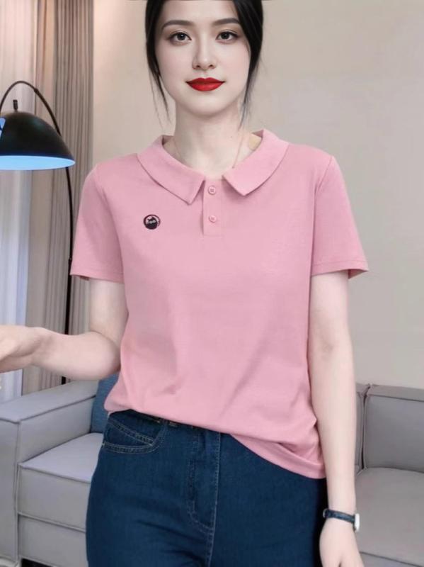 Tシャツ レディース 夏 短袖 綿 素材 ポロ領 刺繍 ボタン ルーズフィット かわいい 気質 スタイル 通勤 普段使い ピンク 白 黒 緑 赤 グレー