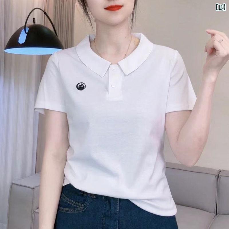 Tシャツ レディース 夏 短袖 綿 素材 ポロ領 刺繍 ボタン ルーズフィット かわいい 気質 スタイル 通勤 普段使い ピンク 白 黒 緑 赤 グレー 3