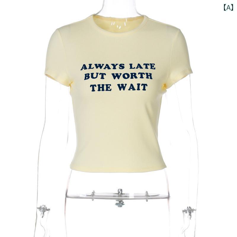 乐天商城 - Tシャツ レディース 2025 夏 短袖 丸首 修身 スリム アルファベット プリント 人棉 ポリエステル スパンデックス 伸縮性 軽量 街頭 潮流 個性 浅黄色 イエロー