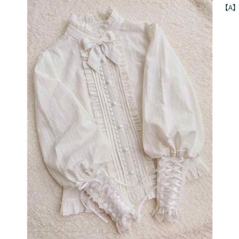 Other - ロリータ シャツ 女性用 春季 羊腿袖 少女 フリル レース 長袖 刺繍 トップス 綿素材 立襟 灯笼袖 修身 開衫 気質 通勤 都市風 白色 ボタン