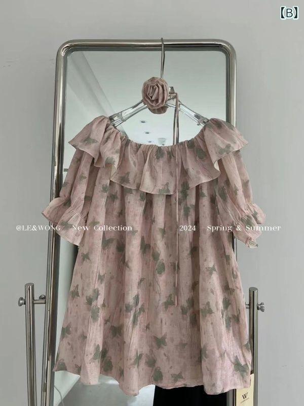 レディース シャツ トップス ワンピース風 かわいい 一字領 花柄 プリント シフォン ポリエステル 再生繊維 ストレッチ ゆったり ルーズ 短袖 フリル ヘム プリーツ 装飾 夏 春夏 グレー ピンク 灰色 ピンク系 涼しい 清新 甘め 優しい 気質