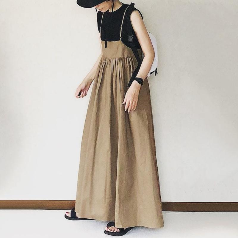樂天商城 - ワンピース レディース 夏 吊り帯 Aライン ロングスカート 切り替え 無袖 高腰 露背 綿麻素材 緑 黒 緑 通勤 休闲