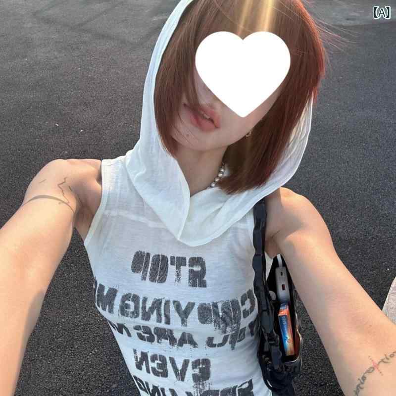 Parka - レディース タンクトップ Y2K 無袖 修身 連帽 透け感 夏服 セクシー 女性用 背心 トップス 肩ストラップ 取り外し可能 Aライン 普通丈 50-65cm プリント柄 涼感 インナー 私服 白色 ポリエステル ポリエステル繊維 春 御姐風 名媛スタ