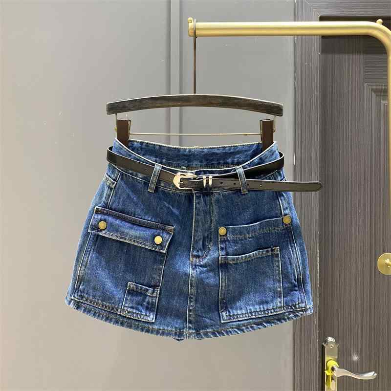 レディース 半身スカート デニム 短め Aライン ハイウエスト 膝上丈 夏用 ダークブルー 気質 通勤 都市風 コットン 素材 高弾力 工装風 ボタン ジッパー 流行 アイテム かわいい スタイル 軽量 伸縮性 普段使い コーデ ミドル丈 フレア シルエ