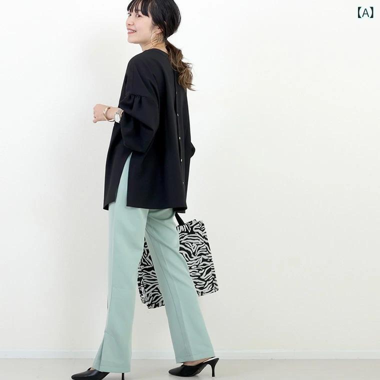 樂天商城 - レディース シャツ トップス 長袖 開叉 デザイン 丸首 ゆったり 大きいサイズ 秋冬 黒 卡其 白 純色 ポリエステル ワイドシルエット ランタンスリーブ 甘め カジュアル 日系 韓国風 ゆったり トップス 日常使い 軽量 シンプル ブラウス プルオー