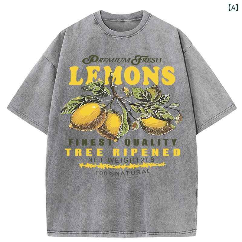 乐天商城 - Tシャツ メンズ 短袖 ゆったり コットン プリント レモン柄 フルプリント 透気性 グレー 赤 紫 緑 春夏 秋冬 運動 日常 カジュアル トップス シャツ ティーシャツ ゆったりシルエット 丸首 無地柄 染め加工 オリジナルデザイン 人気カラー 快適