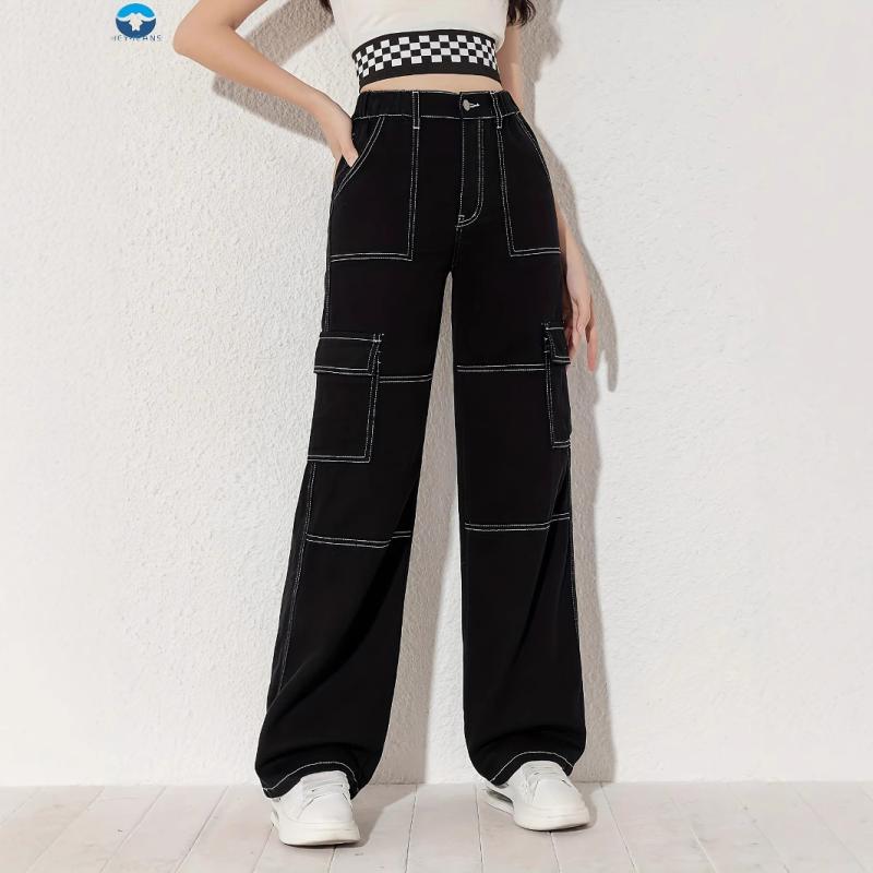 牛仔裤 女性用 デニムパンツ ワイドレッグ クロップド カラーブロック ステッチ 加工 工装風 ポケット 付き 長ズボン 薄手 高弾性 綿素材 中性 スタイル 日韓 カジュアル 黒 春季