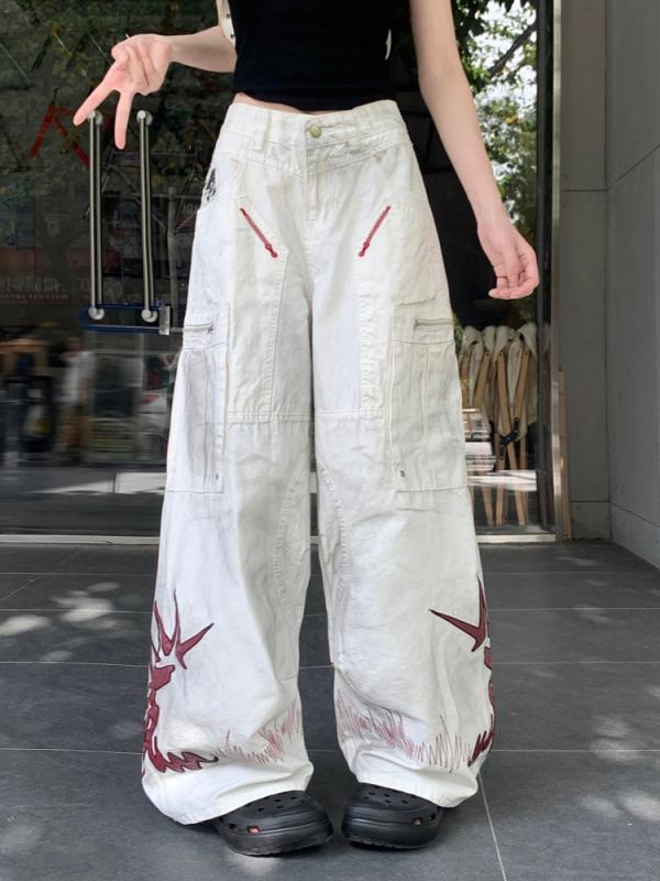 乐天商城 - レディース デニムパンツ 牛仔 ズボン 女性用 ジーンズ トップス シャツ ヴィンテージ風 Y2K ストリートスタイル 復古 加工 洗い加工 パッチワーク 刺繍 ワイドレッグ ロングパンツ ゆったり シルエット コットン 素材 綿 混紡 ミックス 基本ス