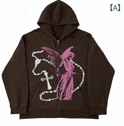 パーカー レディース 黒 深棕 長袖 フード 帽子付き ルーズフィット プリント柄 デジタルプリント ロックスタイル 原宿風 ヒップホップ ゴス Y2K 甘め かわいい 涼しい 夏用 ポリエステル 80-90% 街着 フェス デイリー