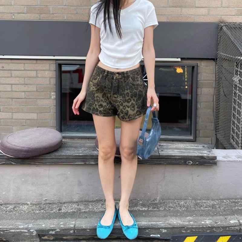 下装 - デニム ショートパンツ レディース 低腰 直筒 Aライン ワイドレッグ ヴィンテージ風 ヒョウ柄 綿 素材 通勤風 気質 スタイル 春季 基本款 拉链 装飾 中厚 無弾力 显瘦 効果 小柄 対応 潮 ファッション y2k スタイル 復古 デザイン 美式