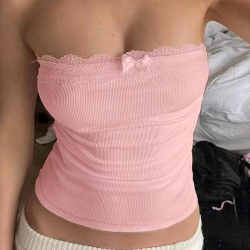 レディース Tシャツ 春夏 ピンク 無袖 チューブトップ 短丈 修身型 甘辛風 レース 切り替え 蝶ネック 植物花柄 花卉柄 セットネック 袖なし 一文字領 私服 かわいい 軽量 伸縮性 綿混 トップス かわいいスタイル デイリー フェミニン 花柄デザイ