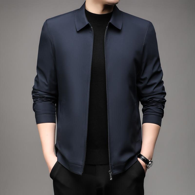 Jacket - メンズ ニットジャケット 父親用 中年 男性用 行政 春夏 薄手 修身型 ファスナー 長袖 翻領 化繊混紡 ポリエステル100% ナイロン混紡 ファッション 都市 スタイル 外穿 袖型 通常 色 ネイビー ダークグリーン カーキ サイズ 170-195