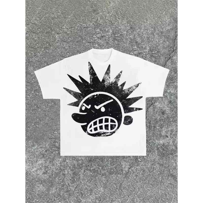 乐天商城 - Tシャツ レディース メンズ ユニセックス ストリート ファッション Y2K スタイル ヒップホップ ゴス プリント かわいい カードゥ 柄 綿 素材 280g 厚手 ゆったり ルーズフィット 丸首 短袖 セットインスリーブ プリント加工 黒 白 カラー