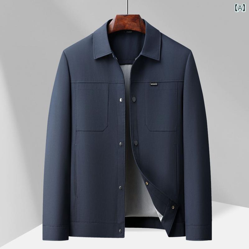 メンズ ジャケット 短丈 スタンドカラー 休闲 春夏 秋冬 薄手 工装 トップス 合体型 ジッパー 無帽 多口袋 直裾 長袖 ポリエステル 100% 純色 シンプル 日常 都市 スタイル ファッション 軽量 合身 百搭 黒 紺 ライトグリーン 中年 男性