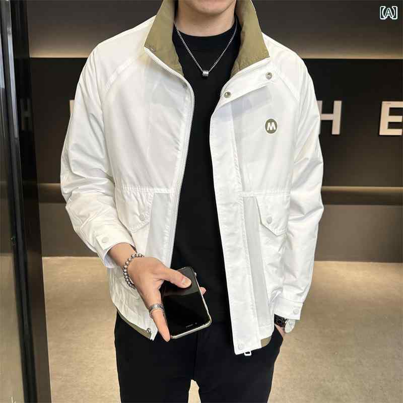 ・カテゴリ: ジャケット・スタイル: ストリート・主な素材: ポリエステル100%・ネックライン: スタンドカラー・フィット感: スリムフィット・フード: あり・厚み: 薄手・柄: 無地・裏地素材: ポリエステル100%・カラー展開: 白色、黒色、軍緑色・サイズ展開: M、L、XL、2XL、3XL、4XL・袖丈: 長袖・袖型: キュッと締め袖・ポケット: サイドポケット、多口袋・裾デザイン: 生地裾・加工: ノーアイロン処理・衣長: 普通(50cm＜衣長≤65cm)・対象年齢: 成人・対象性別: 男性・対象シーン: 日常・着用方法: 外套
