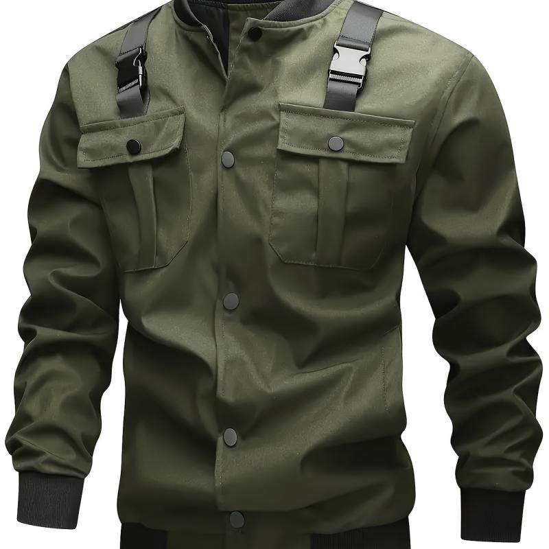 Jacket - メンズ ジャケット 迷彩柄 クロスボーダー 耐磨 立領 合体型 ラチェット 薄型 純色 黒 緑 長袖 ポリエステル100% 多ポケット 直裾 ノーアイロン 処理 通常丈 ラチェットポケット 外穿 通常袖 シンプル スタイル ファッション 都市 青年 向け