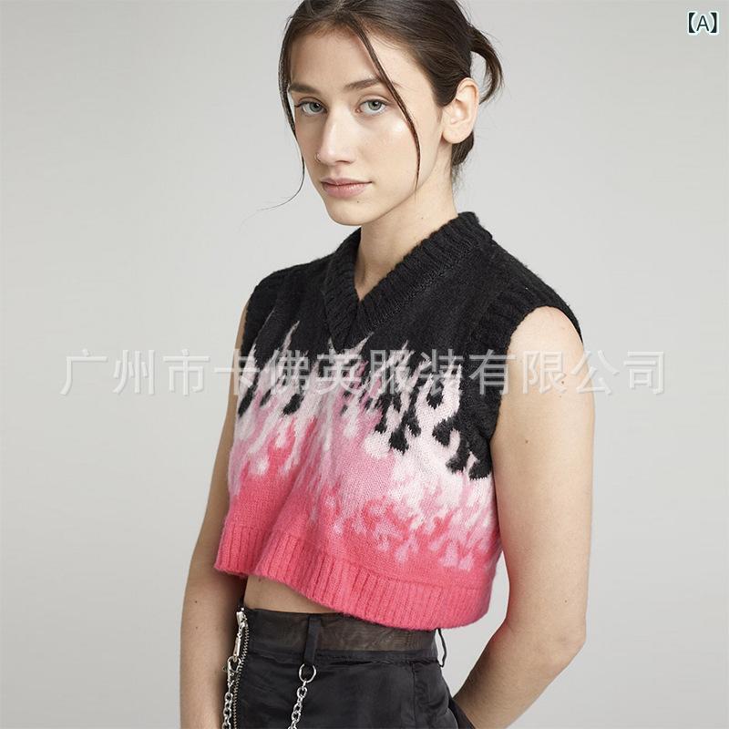 樂天商城 - ニット トップス レディース 無袖 Vネック ゆったり シルエット 切り替え デザイン 幾何学柄 黒 街頭 ストリート ファッション ヒップホップ スタイル 復古 風 Y2K インスピレーション かわいい 個性 強調 コーディネート