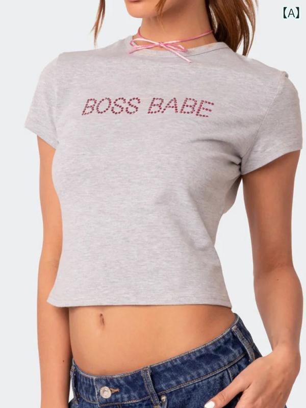 乐天商城 - Tシャツ レディース 灰 短袖 丸首 クロップド 露出 セクシー 街頭風 ゴシック 個性派 3D プリント ストーン刺繍 ポリエステル ポリエステル繊維 春季 ストリートファッション トレンド トップス かわいい 普段使い