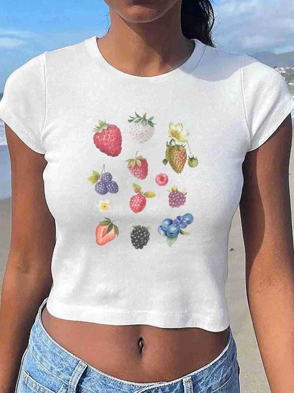 乐天商城 - Tシャツ レディース 春夏 短袖 トップス かわいい 水果柄 プリント 白 修身 丸首 クロップド 街頭 トレンド 甘め 涼しい ポリーエステル スパンデックス 混紡 柔軟 伸縮 日常 デイリー ファッション コーデ 涼快 軽量 吸いやすい
